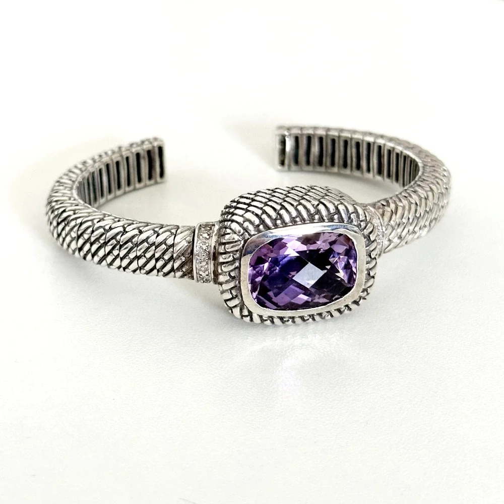 925 Sterling Silver Genuine Faceted Amethyst Cuff Bracelet